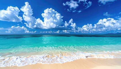 Turquoise Ocean Waves Gently Washing Ashore on a Pristine Sandy Beach Under a Bright Blue Sky Filled with Fluffy White Clouds and Distant Green Islands