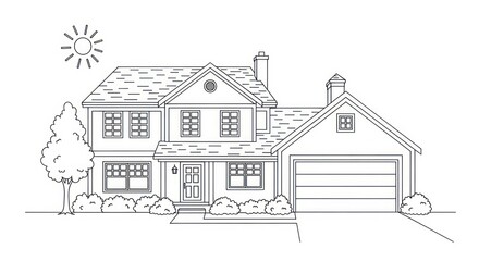 Line drawing of a house with a garage and sun illustration for design