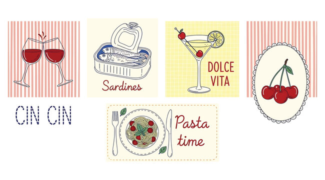 A delightful collage of italianthemed illustrations, featuring wine glasses, sardines, a cocktail, cherries, and pasta, accompanied by the phrases cin cin and pasta time