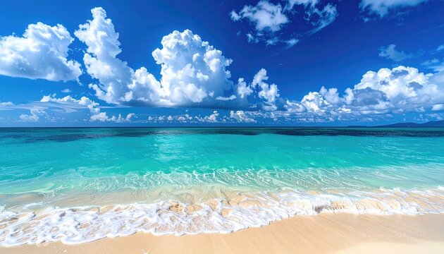 Turquoise Ocean Waves Gently Washing Ashore on a Pristine Sandy Beach Under a Bright Blue Sky Filled with Fluffy White Clouds and Distant Green Islands