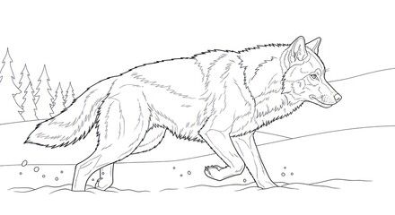 Line drawing of a wolf walking across snow landscape in winter