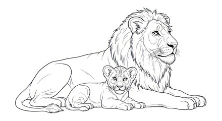 Lion and cub resting detailed illustration outline design art vector