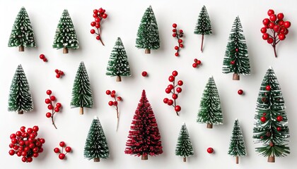 Various Mini Snowy Evergreen Trees and Bright Red Berries Arranged Symmetrically on a White Surface Top Down View