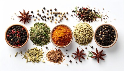 Various Spices in Wooden Bowls on White Background Top View Overhead Studio Shot