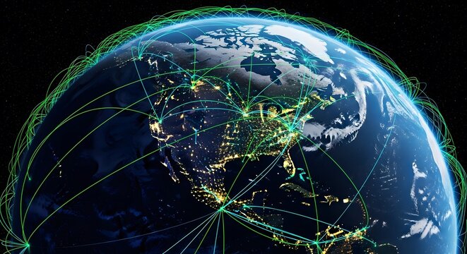 Glowing earth at night with interconnected digital network lines and city lights