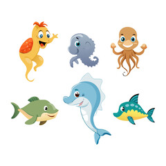 Collection of six cartoon marine animals including a shark, turtle, dolphin, stingray, octopus, and seahorse, isolated on white background

