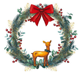 Hand drawn Christmas wreath with golden deer, red bow, red berries, spruce branches. Watercolor illustration.