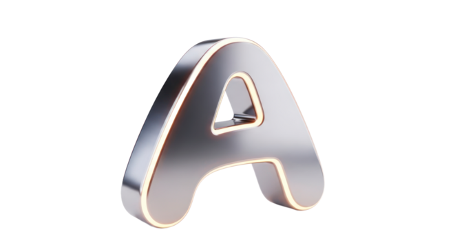 Metallic letter a with glowing outline isolated on transparent background