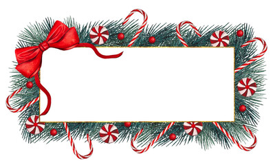 Hand drawn Christmas frame with fir branches, candy cane, red bow . Watercolor illustration.
