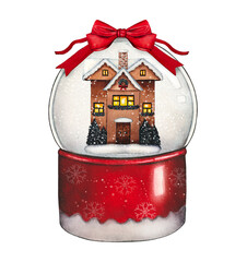 Hand drawn red snow globe with winter house, red bow. Christmas watercolor illustration.