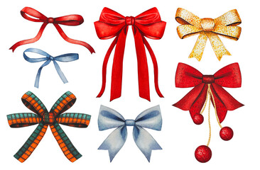 Hand drawn set with bows, red gold, blue. Christmas decor. Watercolor illustration.