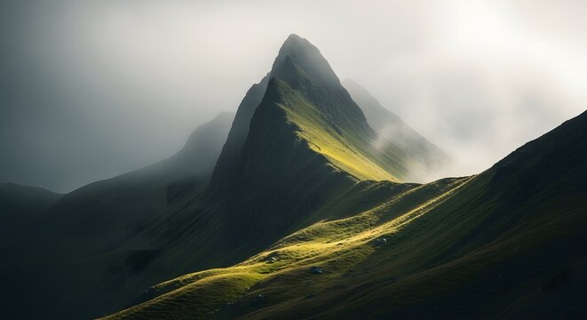 Dramatic mountain peak emerges from misty fog with golden sunbeams illuminating the rugged landscape
