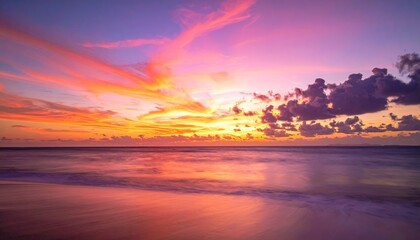 Vibrant pink and orange sunset sky over a calm ocean with gentle waves reflecting the colors on the wet sand beach during early evening with soft ambient light