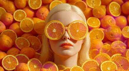 Blonde model with vibrant orange sunglasses framed by citrus fruit, a fresh and juicy concept for healthy eating and summer vibes promotion