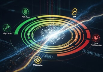 Dynamic digital interface visualizes complex data analytics and security scoring, showcasing high trust and low risk with glowing network nodes and vibrant radial charts