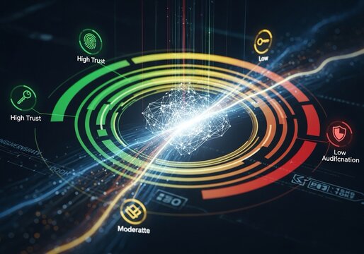 Dynamic digital interface visualizes complex data analytics and security scoring, showcasing high trust and low risk with glowing network nodes and vibrant radial charts - Powered by Adobe
