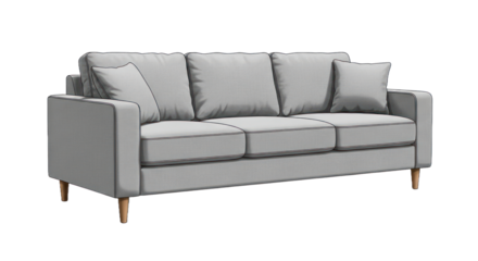 Modern gray sofa illustration with pillows and wooden legs on transparent background