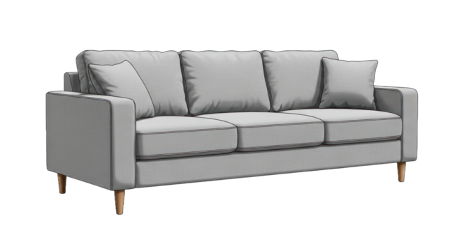 Modern gray sofa illustration with pillows and wooden legs on transparent background - Powered by Adobe