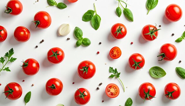 Vibrant Red Cherry Tomatoes and Fresh Green Basil Leaves Arranged Artfully on a Clean White Surface with Scattered Peppercorns and Garlic Cloves