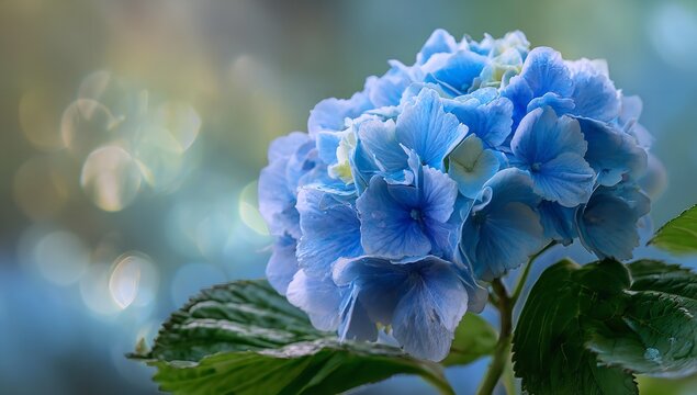 Stunning blue hydrangea blossom with bokeh background offers calm, peaceful vibes for springtime celebrations and floral designs, so beautiful!