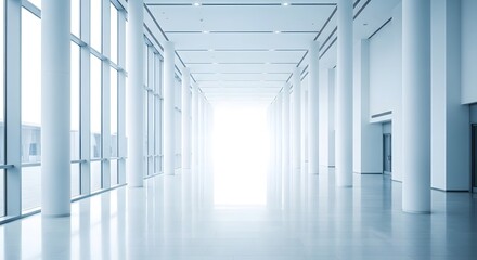 Obraz premium Bright modern architectural hallway with large windows and white walls creating a sense of spaciousness and light