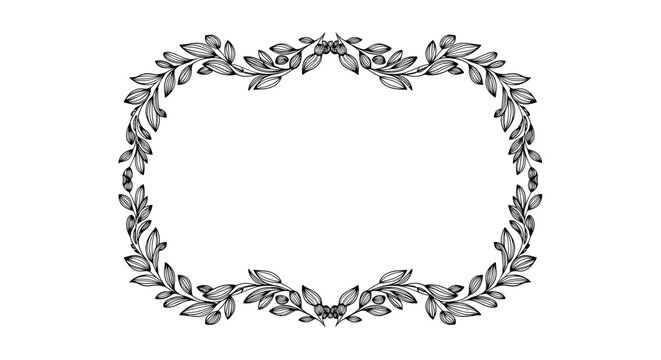 Hand-drawn rectangular frame made of intricately detailed black and white leaves and branches, creating an elegant border on a white background.