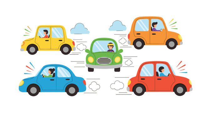 Five cartoon cars in different colors, each with a driver, are depicted in motion with speed lines and sound indicators.