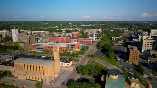 Aerial view of St. Columba Cathedral and Youngstown State University campus (YSU) was founded in 1908