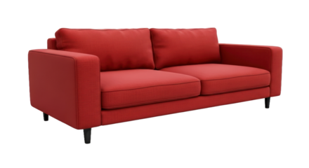 Modern red two seater sofa with soft cushions and minimalist design isolated