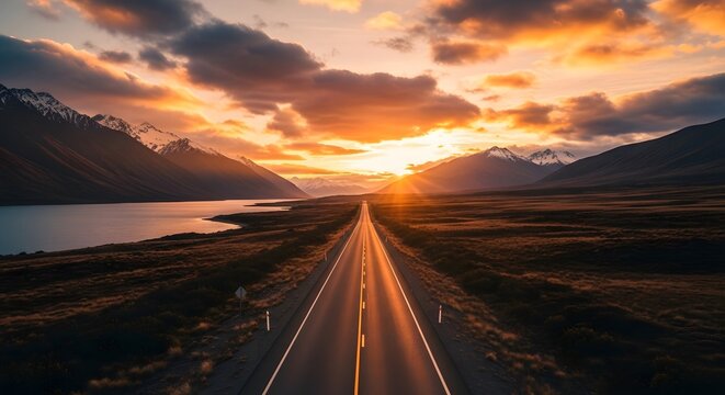 Dramatic sunset over a long empty road leading through a majestic mountain landscape with a calm lake