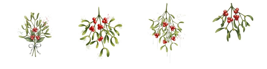 Four Watercolor Mistletoe Sprigs With Red Berries And Green Leaves Isolated Transparent Background Transparent Background