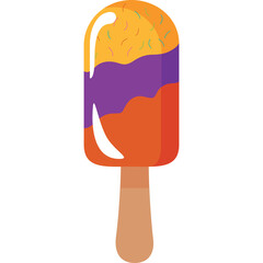 Colorful Ice Pop Treat with Orange Purple and Yellow Layers Sprinkled with Confetti on a Wooden Stick Isolated on White Background
