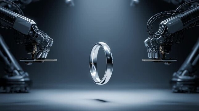 product photography of a ring , levitating in the air above robotic arms holding it, against a dark background, in a minimalist, clean, and high-resolution, hyper-realistic style,
