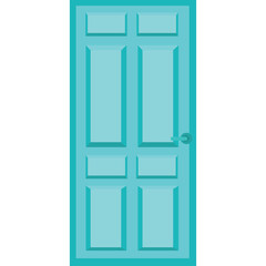 Closed Teal Six Panel Interior Door with Round Metal Knob on Transparent Background