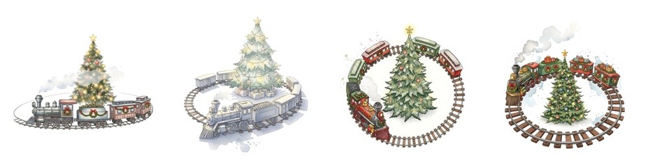 Four festive Christmas trees encircled by decorated trains on tracks isolate