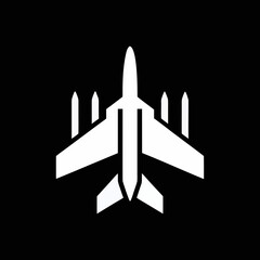 Aeroplane fighter jet vector icon on black background, perfect for aviation logos, military themes, and aircraft illustrations.