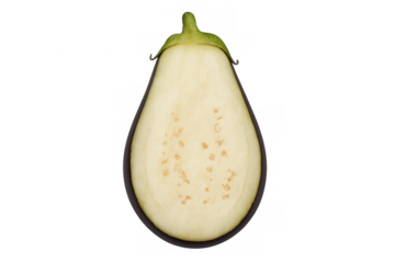 Fresh eggplant half showing internal flesh and small seeds, raw ingredient for healthy cooking, transparent background