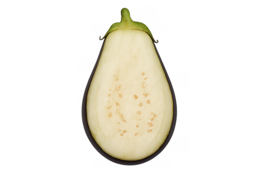 Fresh eggplant half showing internal flesh and small seeds, raw ingredient for healthy cooking, transparent background