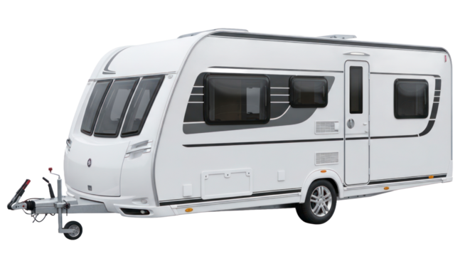 Modern white caravan isolated on transparent background for travel and camping