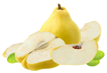 close-up photograph of a bright yellow whole quince fruit standing alongside several sliced pieces and halves, isolated on a transparent background.