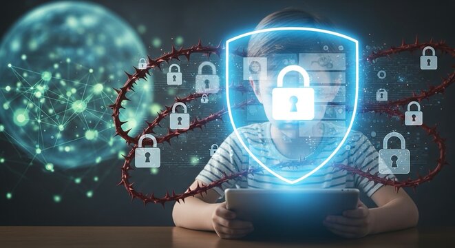 Young child using tablet protected by digital shield surrounded by thorny vines and glowing network, illustrating online safety and cyber security awareness for kids in a modern world