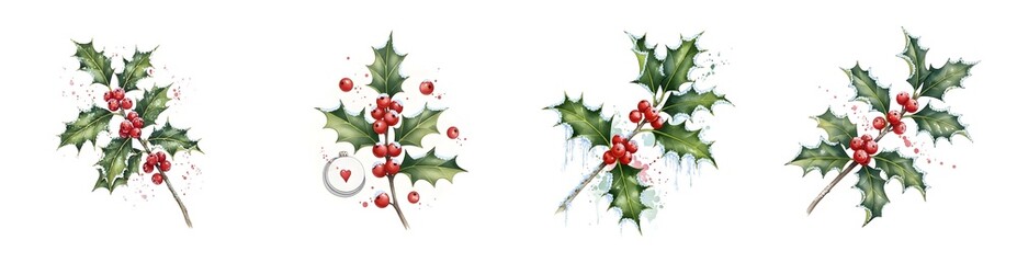 Fototapeta premium Four watercolor illustrations of holly branches with red berries and snow accents isolate