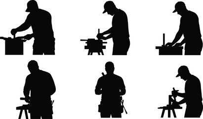 Construction carpenter worker cutting and measuring wood on job site, professional craftsmanship using tools and equipment in black silhouette illustration