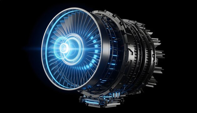 Futuristic jet engine turbine with glowing blue neon lights on a black background.