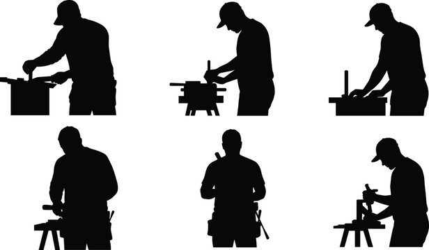 Construction carpenter worker cutting and measuring wood on job site, professional craftsmanship using tools and equipment in black silhouette illustration - Powered by Adobe
