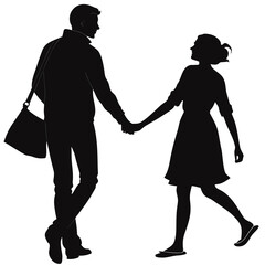 Silhouette of a romantic couple, a man and a woman, walking together while holding hands.