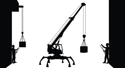 Construction crane lifting heavy materials with workers guiding load, industrial lifting operation silhouette, teamwork in building site, heavy machinery and construction safety concept