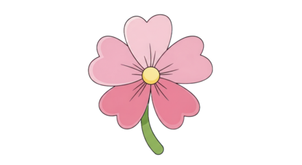 Pink floral illustration with green stem and yellow center on transparent background