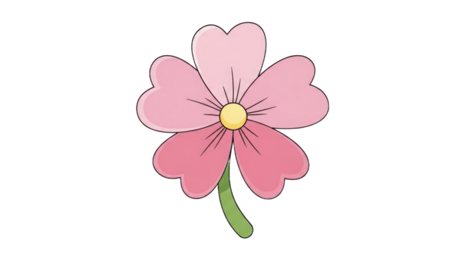 Pink floral illustration with green stem and yellow center on transparent background