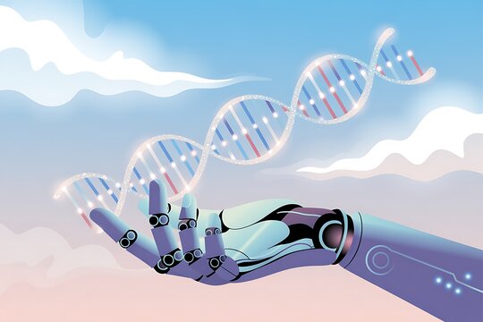 Robotic Hand Cupping a Luminous DNA Strand with Clouds and Sky in the Background artificial intelligence